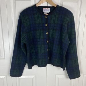 Tally Ho PL Large Vintage Sweater Cardigan 100% Wool Plaid Gold Button Jacket